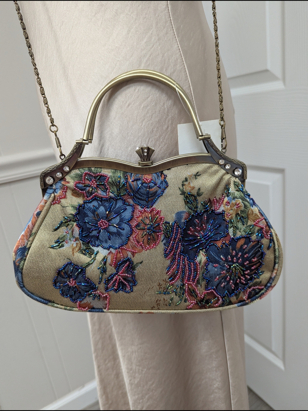 Vice Versa Embroidered Floral Beaded Top-Handle Bag in Beige & Blue